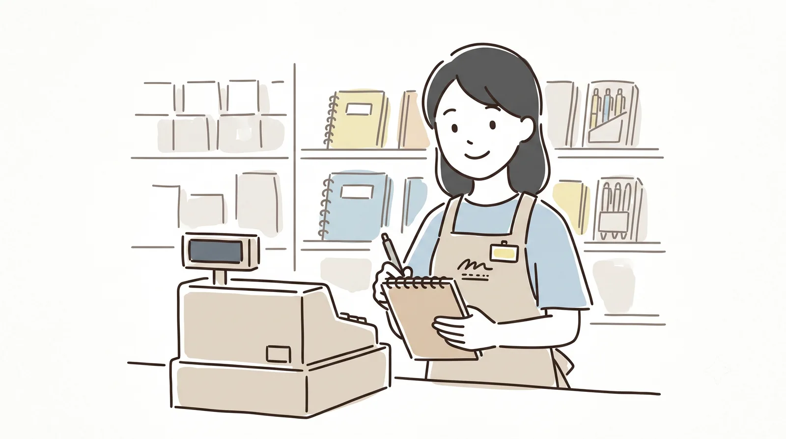 やわらかな線で描いた文房具店のイラスト。エプロン姿の店主がレジのそばでメモを取り、棚にはノートやペンが並んでいる。