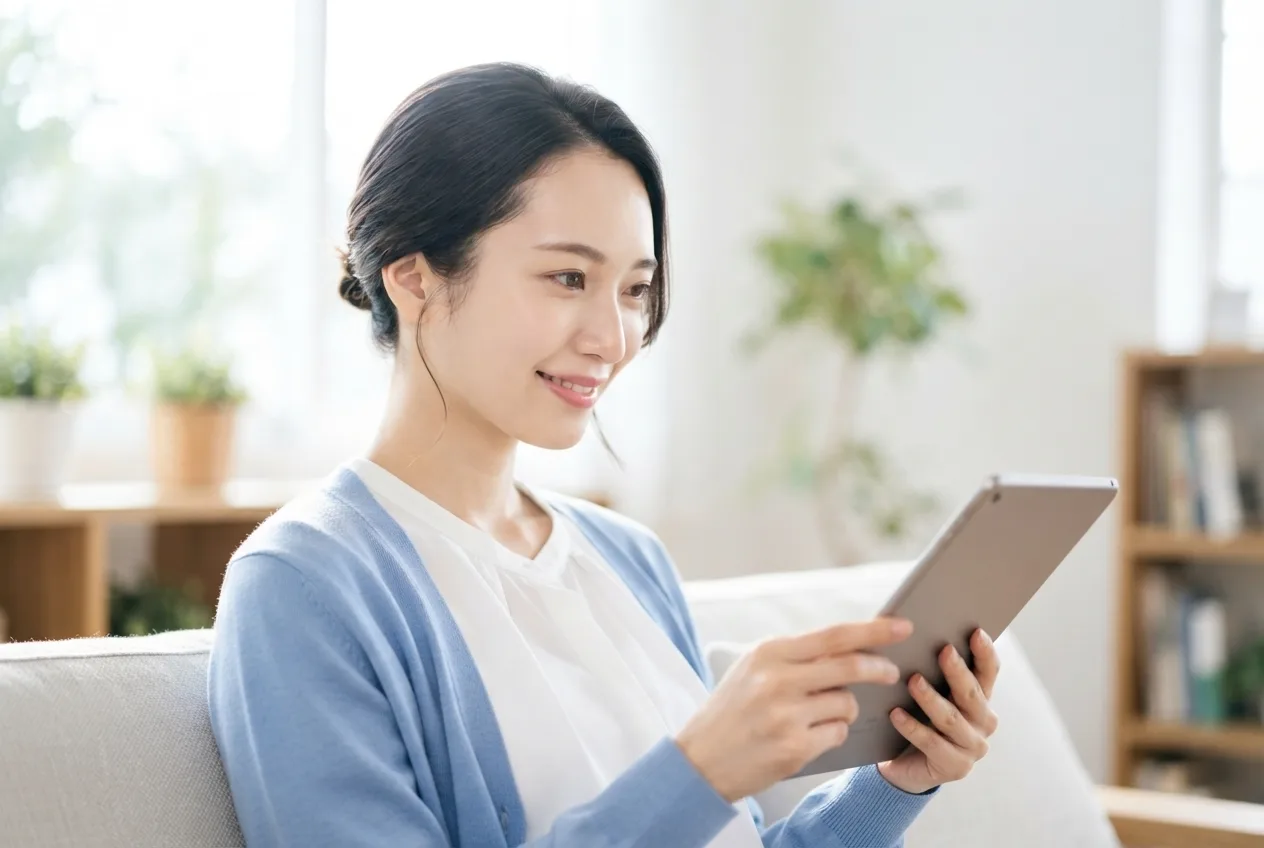 自宅のソファでタブレットを持って学ぶ人