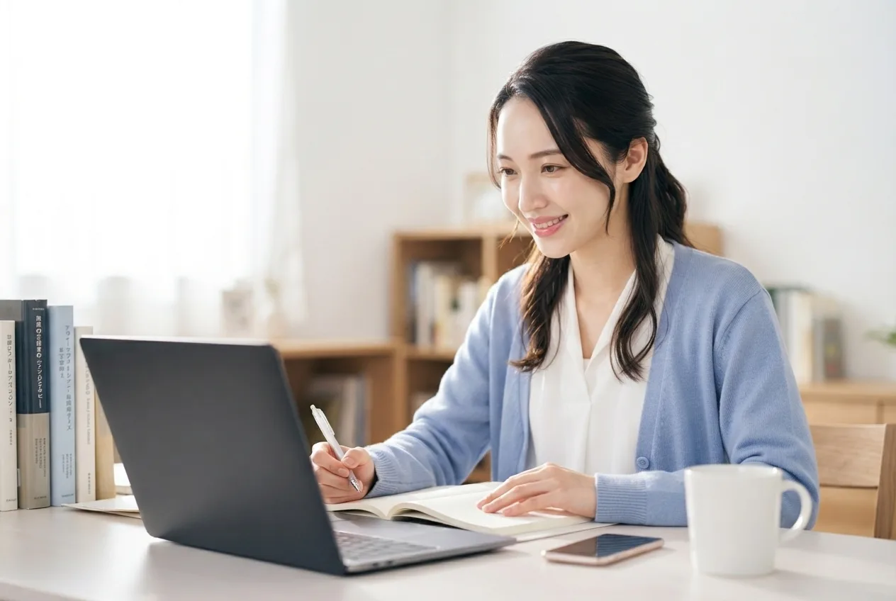 自宅の机でノートパソコンに向かって学ぶ人
